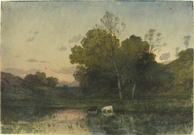 Evening Light on a Wooded Lakeside with Cattle Drinking by Henri Joseph Harpignies