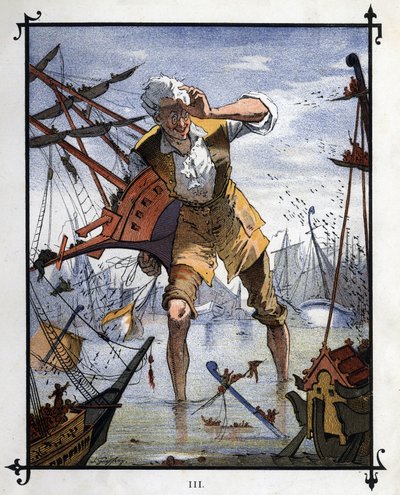 Lemuel Gulliver at the center of a naval battle between the ships of Lilliput and Blefuscu by Henri Jules Jean Geoffroy