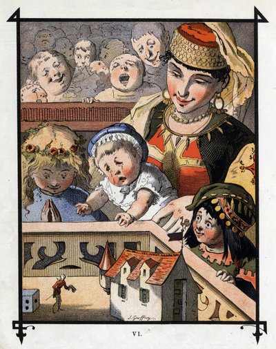 Lemuel Gulliver in the land of the giants of Brobdingnag is a curiosity for children. Illustration for Gulliver
