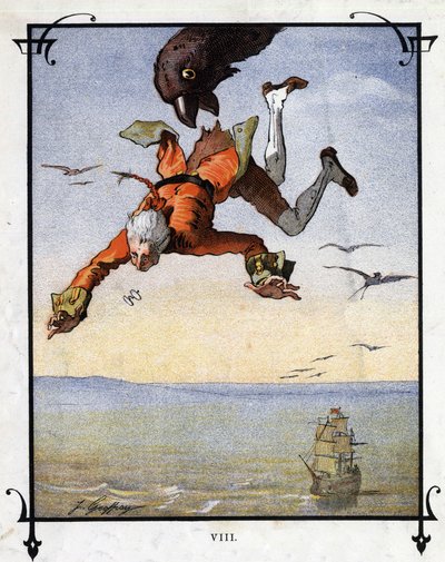 Lemuel Gulliver is carried away by an eagle. Illustration for Gulliver