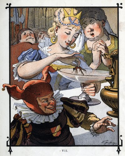 Lemuel Gulliver is repainted of a dish in which he was fallen by the Queen of Brobdingnag. Illustration for “Gulliver