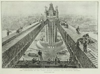 The completion of the Tower Bridge: putting the finishing touches (engraving) by Henri Lanos