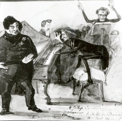 Galop Chromatique Caricature of Luigi Lablache, Franz Liszt at the piano and Francois Habeneck by Henri Lehmann