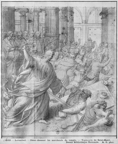 Life of Christ, Jesus chasing the merchants from the Temple, preparatory study of tapestry cartoon for the Church Saint-Merri in Paris, c.1585-90 by Henri Lerambert