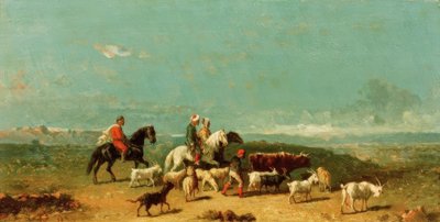 Arab Riders Group with a Goat Herder in a Wide Landscape by Henri Lucien Robert