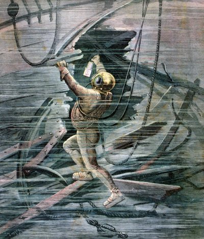 A Diver Searching a Wreck in La Havre Harbour, France by Henri Meyer