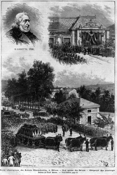 Death of Leon Gambetta, French Politician - Funeral Procession at Nice Station (Drawing by Henri Meyer in 