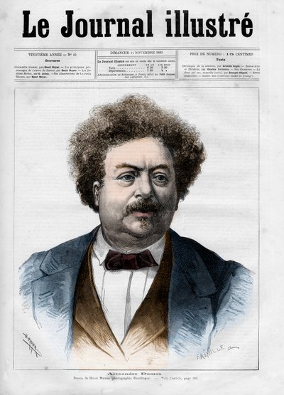 Portrait of Alexandre Dumas pere. Cover page of The Illustrous Journal of 1883 by Henri Meyer