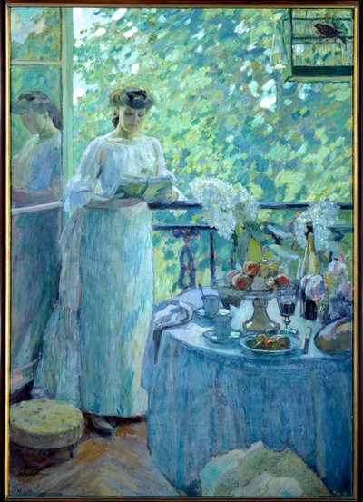 Madame O. on the Balcony. A Young Woman Reads a Book in a Bourgeois Interior, the Table is Served for Breakfast. Painting by Henry Ottmann by Henri Ottmann