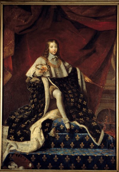 Louis XIV at 10 Years Old on His Throne in Royal Mantle, Protector of the Royal Academy of Painting and Sculpture by Henri Testelin