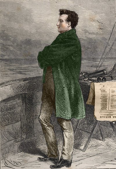 Professor Aronnax looking at the horizon. Twenty Thousand Leagues Under the Sea by Jules Verne. engraving by Hildibrand by Henri Theophile Hildibrand