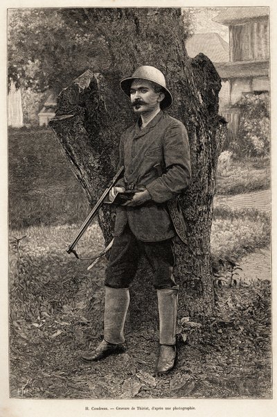 Portrait of Henri Coudreau, professor of geography and explorer of the Amazon. Engraving to illustrate the story chez nos indiens, quatre annees de voyage dans la Guiane francaise. by Henri Thiriat