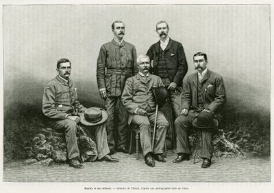 Portrait of Henry Morton Stanley surrounds his officers from the left: Dr. Thomas Heazle Parke, Robert H. Nelson, William G. Stairs, and Arthur J. M. Jephson. Engraving to illustrate the story Dans les tenebres de l