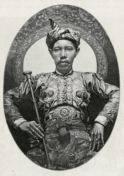 Portrait of Mohammed Yamalul Alam, sultan of Soulou (or Sulu) (Philippines), in 1880. Engraving by Thiriat, to illustrate the story 