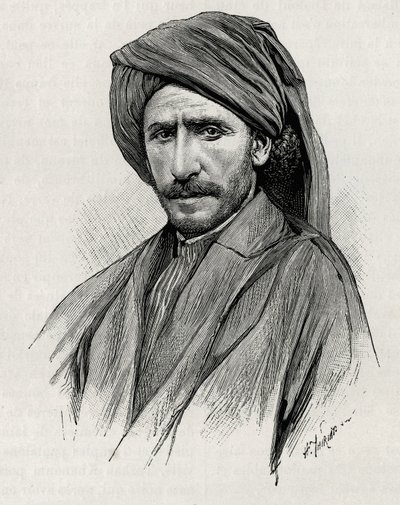 Portrait of Sheik Moses, the most powerful tribal leader of Arabistan (or Arabian peninsula). Engraving by Thiriat, to illustrate the story 