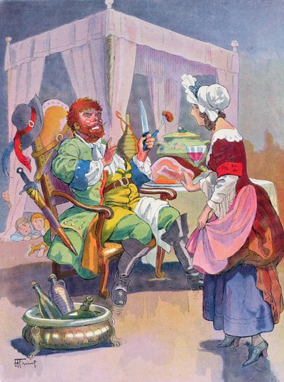 The Ogre smells fresh human flesh, illustration for a Perrault fairy tale 