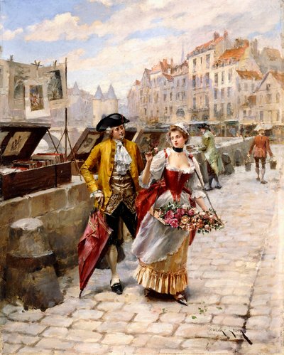 Gentleman and Flower Girl near Book Stalls by the Seine by Henri Victor Lesur