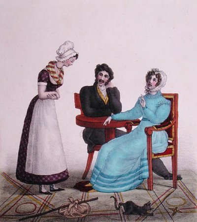 And above all else, be good!, caricature of a couple talking to their maid before she leaves, c.1820-30 by Henri Villain