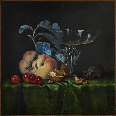 Still life with peaches, walnuts, mouse and Venetian wine glass by Henri de Fromantiou