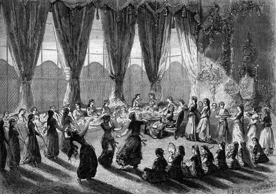 Reception of European ladies in the serail of Cairo by the Vice Queen of Egypt. Handmaids bring the dishes while musicians and dancers perform the show. 19th century. Engraving by Henri de Montaut in 