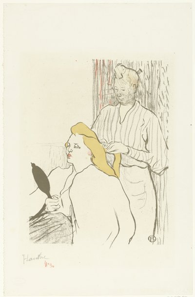 Hairdresser Combing the Hair of a Seated Woman with Mirror in Hand by Henri de Toulouse Lautrec (signed by artist)