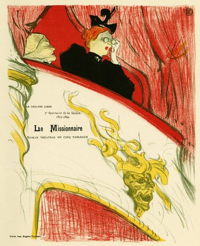A woman in a theatre dressing room using a pair of binoculars. Poster for the Missionary, play by Marcel Luguet, represented in 1893 at the Free Theatre created in 1887 by Andre Antoine by Henri de Toulouse Lautrec