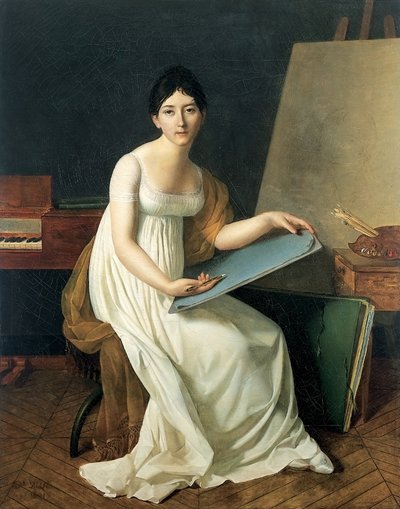 Portrait of the Artist, wearing a white dress and holding a sketching by Henriette Lorimier
