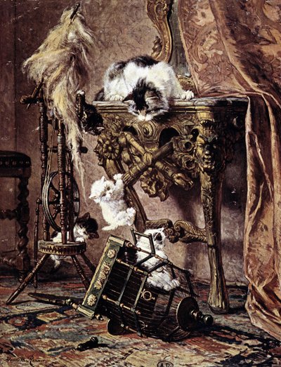 A cat watches her kittens play - by Henriette Ronner by Henriëtte Ronner Knip