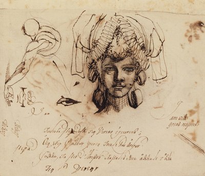 Mrs. Fuseli wearing an Elaborate Headdress and Studies of an Eye, Mouth and Torso by Johann Heinrich Füssli