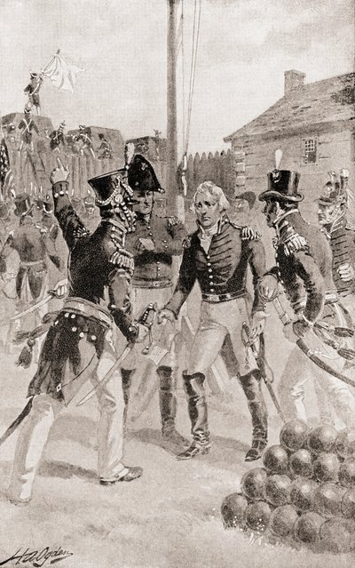 Brigadier General William Hull surrenders the fort and town of Detroit, Michigan, America during The Siege of Detroit, from The History of Our Country, published 1905 by Henry Alexander Ogden