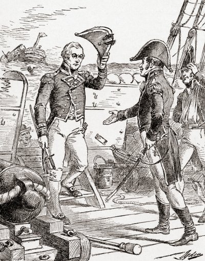 Captain Dacres from the HMS Guerriere surrenders and offers his sword to Captain Hull aboard the USS Constitution after his defeat during The War of 1812, from The History of Our Country, published 1905 by Henry Alexander Ogden