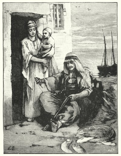 A Fisherman Mending His Nets, Sea of Tiberias (lithograph) by Henry Andrew Harper