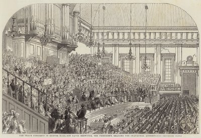 The Peace Congress in Exeter Hall, Sir David Brewster, the President, reading the Inaugural Address by Henry Anelay