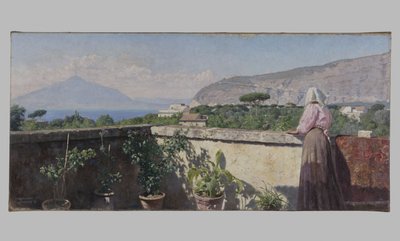 Woman on the terrace of the Cocumella Hotel. View of Vesuvius by Henry Brokman Knudsen