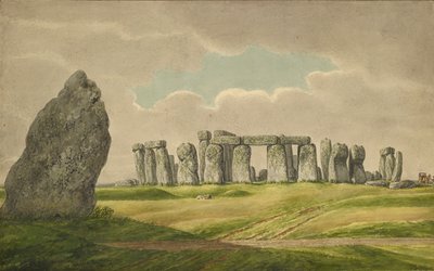 Stonehenge from the N.E., showing ruins and heel stone with cart, horse, person, 1824-1839 by Henry Browne