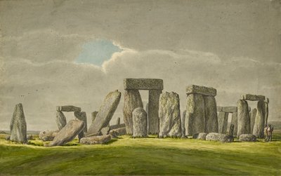 Stonehenge from the S.E, showing stones in ruined state with 2 visitors by Henry Browne