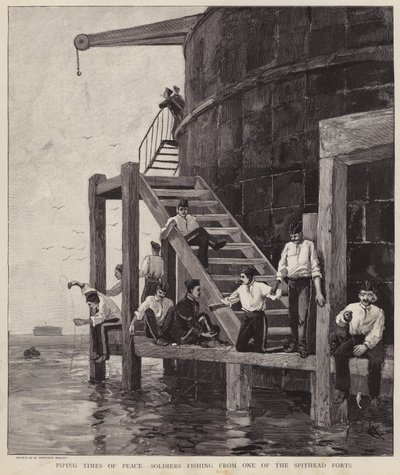 British soldiers fishing from one of the forts at Spithead, Hampshire by Henry Charles Seppings Wright