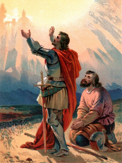 Christian, the pilgrim of the title, kneels in wonderment as he and his companion arrive within sight of the Holy City by Henry Courtney Selous