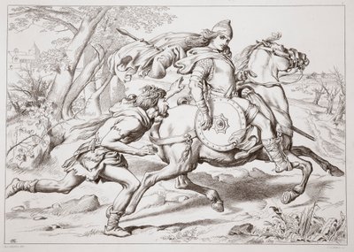 How Martin Lightfoot over-takes Hereward, illustration from Hereward the Great by Charles Kingsley, pub. 1870, engraved by C.G. Lewis by Henry Courtney Selous