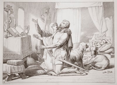 How Torfrida teaches Hereward to pray, illustration from Hereward the Great by Charles Kingsley, engraved by C.G. Lewis by Henry Courtney Selous