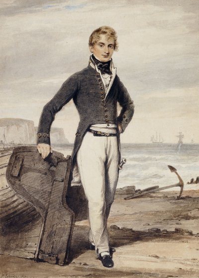 Portrait of Edward Pocock R.N., Standing Beside a Beached Rowing Boat at Low Tide by Henry Edridge