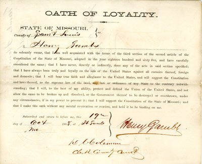 Loyalty oath of Henry Gambs of Missouri, County of St. Louis by Henry Gambs