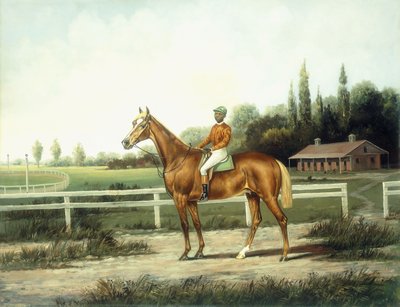 A Chestnut Racehorse with Jockey Up on a Training Track with Stables Beyond by Henry H. Cross