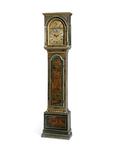 George III blue Japanned quarter striking long case clock, York by Henry Hindley