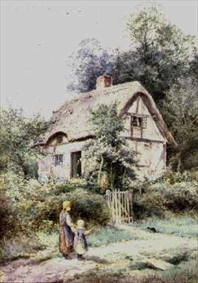 Two Girls and a Kitten by a Thatched Cottage by Henry John Sylvester Stannard