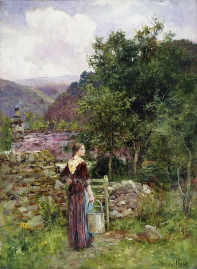 A Young Girl Standing Outside a Cottage Holding a Pail by Henry John Yeend King