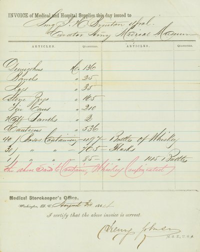 Invoice of medical and hospital stores, signed Henry Johnson, August 30, 1864 by Henry Johnson