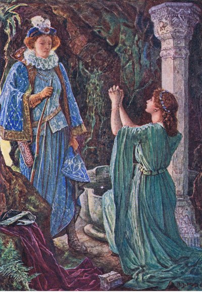 Elizabeth and Amy meet in the grotto, illustration from Kenilworth by Henry Justice Ford