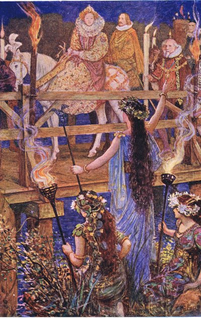 Elizabeth is made welcome by the lady of the floating island, illustration from Kenilworth by Henry Justice Ford