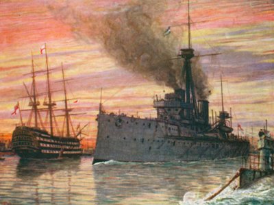 In Portsmouth Harbour in 1909, the "Dreadnought" and the "Victory" by Henry Justice Ford
